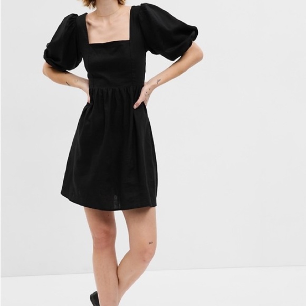 GAP Elegant Black Puff Sleeve Linen Blend Babydoll Mini Dress